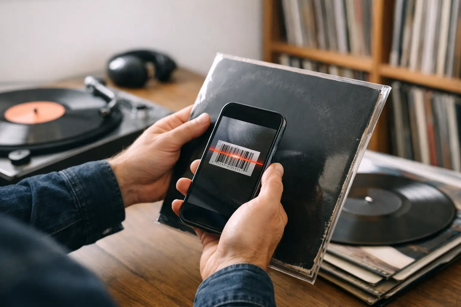 Person scanning a vinyl record barcode with their iPhone while browsing a record collection